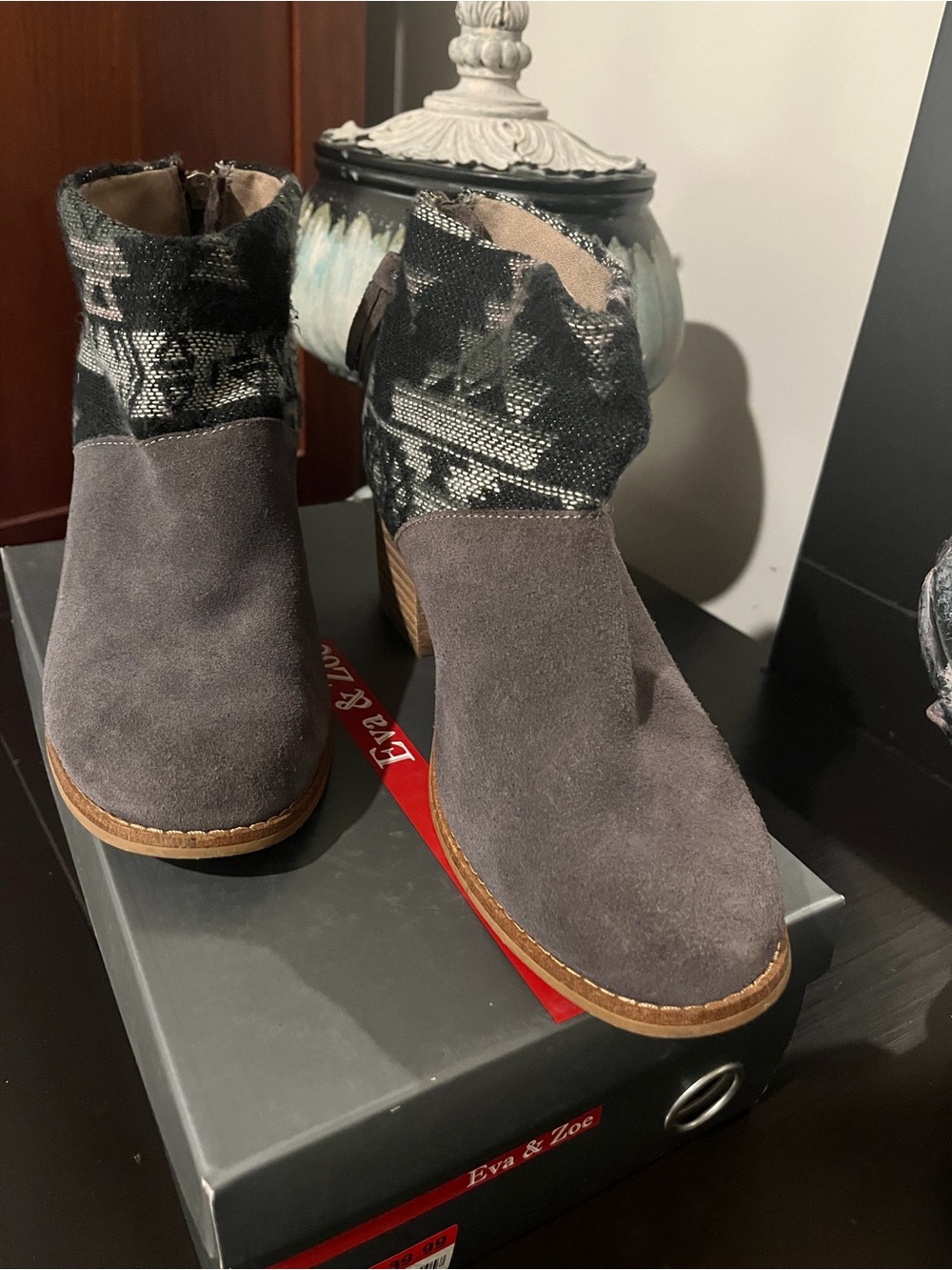 Toms Gray Suede Ankle Booties with Patterned Knit Cuff